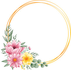 Circle Gold Frame With Pink and Yellow Watercolor Flower Bouquet Arrangement