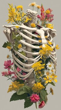 Esqueleto con flores surrealista, Costillas humanas con flores art&iacute;sticas, Naturaleza y huesos arte conceptual, Ilustraci&oacute;n de esqueleto con flores coloridas, Naturaleza muerta, bodeg&oacute;n