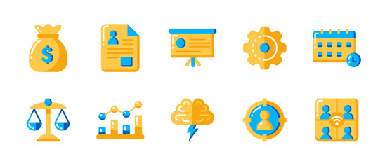 Business icon set in flat style for finance, career development, teamwork, legal protection, innovation, corporate projects, and success planning.