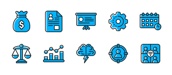 Business icon set in colored outline style for finance, teamwork, productivity, legal matters, growth, career development, and corporate strategy.