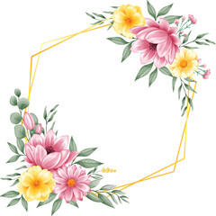 Gold Frame With Pink and yellow Watercolor Flower Arrangement