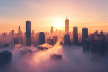 Fototapeta premium City skyline at sunset with fog rolling through the buildings creating a dreamy urban landscape