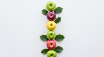 Vertical arrangement of various apples with leaves on a plain background