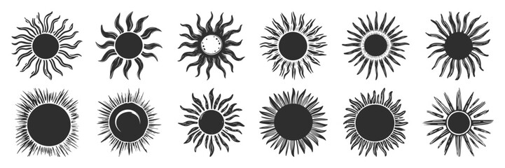 Sunburst Designs Silhouette Set. Decorative Sun Icons For Art And Design Projects. Isolated Vector Illustration Collection