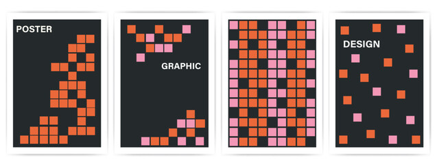 Graphic poster background set. Cover template collection in pixel art style. Vector design for social media, brochure, banner, flyer.