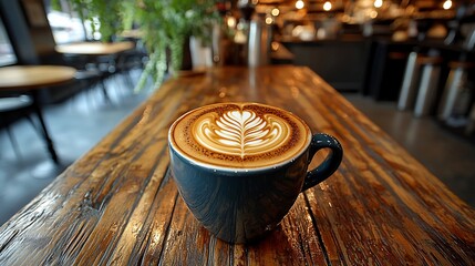 Obraz premium Latte art on wooden table in cafe