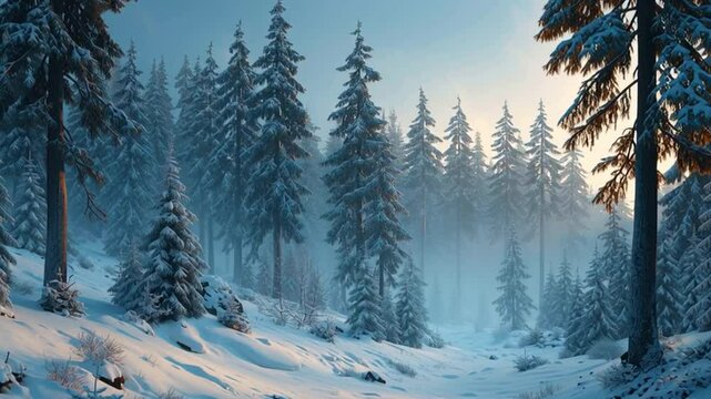 ultra-realistic wide shot of a snow-covered forest at dawn, soft blue hour light, mist rising, tranquil atmosphere, cinematic, high detail, photorealistic