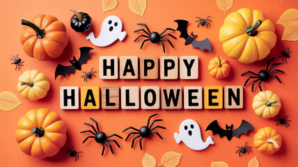 Happy halloween message with pumpkins and spooky decorations