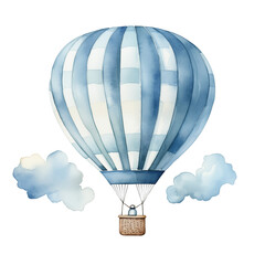 Charming watercolor illustration featuring a blue and white hot air balloon floating among fluffy clouds  png isolated on transparent background. 