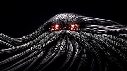 Mysterious creature with glowing eyes and flowing hair against a dark background, evoking intrigue