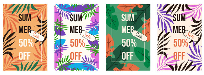 Summer Sale poster cover set. Vector illustration of abstract Summer plants background with Sale typography. Sale poster collection with palm leaves green plants. EPS 10