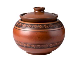 An authentic handcrafted clay pot with intricate patterns and a matching lid exudes rustic charm.