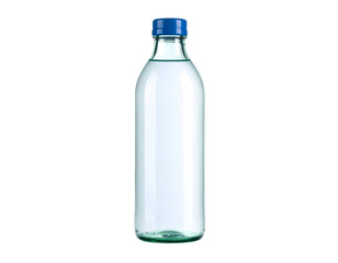 Naklejka premium A clear glass bottle filled with pure refreshing water stands upright with a vibrant blue cap.