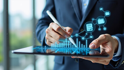 Businessman using digital tablet with hand gesture in modern office setup