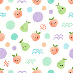 Playful Pastel Peaches and Pears with Organic Shapes and Crayon Strokes in a Whimsical Seamless Pattern