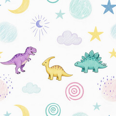 Adorable Prehistoric Dinosaurs with Cosmic Elements and Playful Crayon Textures in a Seamless Pattern