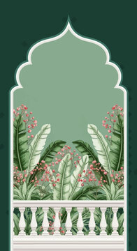 Elegant Floral Archway Exotic Leaves and Delicate Blooms Illustration for Ramadan Decor