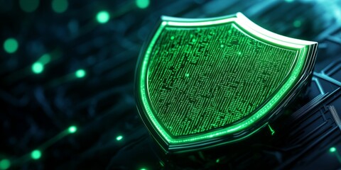 A green digital shield symbolizes protection in cybersecurity, surrounded by glowing patterns against a dark background