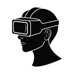 Futuristic virtual reality headset worn by a person presented as a clean black silhouette for digital experiences
