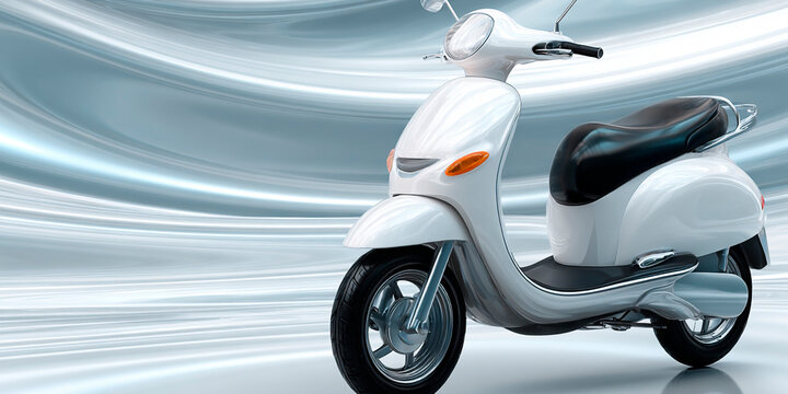 Modern white electric scooter with black seat and chrome accents standing against futuristic silver and blue abstract background, symbolizing eco-friendly urban mobility and innovative design