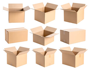 Fototapeta premium Diverse brown cardboard boxes showcase packaging solutions for shipping, moving, and storage applications.