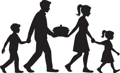Black Silhouette Family Walking Holding Hands Carrying Pot vector