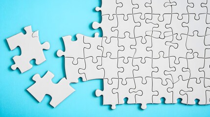 Unfinished White Jigsaw Puzzle Pieces on Blue Background