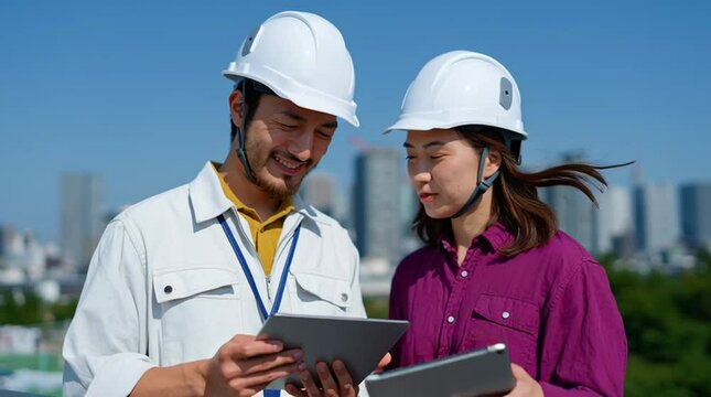 Construction Engineers Consult with Tablet on Roof: A pair of diligent construction engineers, clad in hard hats, collaborate over a tablet on a sunlit rooftop.
