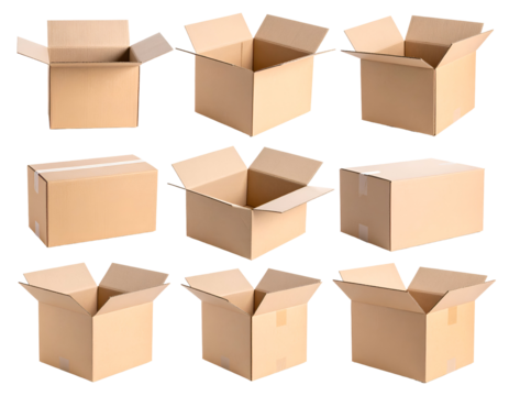 Diverse brown cardboard boxes showcase packaging solutions for shipping, moving, and storage applications.