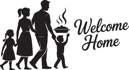 Black Silhouette Family Walking Home Carrying Food Welcome Home Vector Illustration white