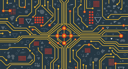Abstract Circuit Board Design High-Tech Gold Lines and Geometric Patterns on Dark Background