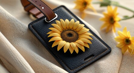 Close-Up Black Leather Luggage Tag with Sunflower Detail