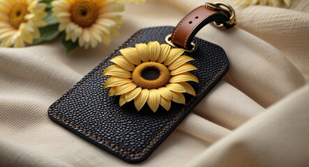 Close-Up Black Leather Luggage Tag with Sunflower Detail