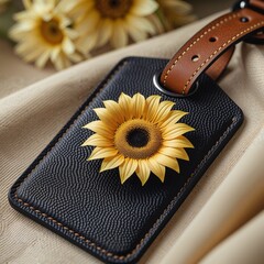 Close-Up Black Leather Luggage Tag with Sunflower Detail