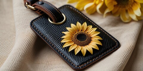 Close-Up Black Leather Luggage Tag with Sunflower Detail