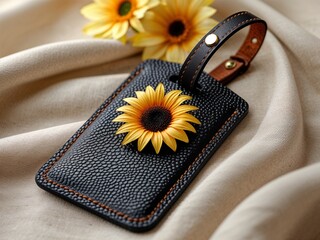 Close-Up Black Leather Luggage Tag with Sunflower Detail