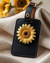 Close-Up Black Leather Luggage Tag with Sunflower Detail