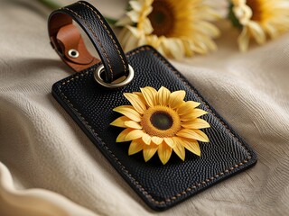 Close-Up Black Leather Luggage Tag with Sunflower Detail