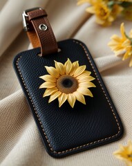 Close-Up Black Leather Luggage Tag with Sunflower Detail