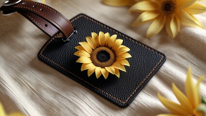 Close-Up Black Leather Luggage Tag with Sunflower Detail