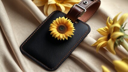 Close-Up Black Leather Luggage Tag with Sunflower Detail