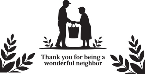 Black Silhouette Illustration Neighborly Kindness Grocery Bag Elderly Person Helping Hand Thank You Wonderful Neighbor