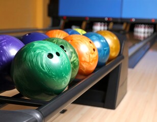 Colorful bowling balls lined up on rack