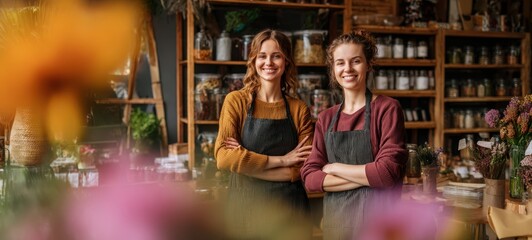 The smiling women in a vibrant flower shop showcasing teamwork and creativity.
