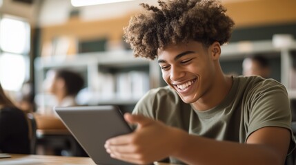 Teenager smiling while using tablet in classroom setting during daytime learning session with peers nearby