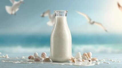 Bottle of milk splashing with liquid and seashells on a beach with flying gulls, fresh summer dairy drink footage.