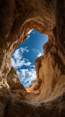 Hopeful Cave Opening:  Dramatic Blue Sky, Textured Rock Walls, Inspirational Nature Scene