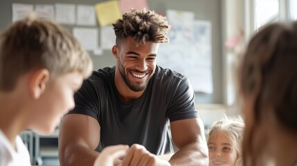 Engaging teacher interacts with children during a classroom activity in a bright, cheerful environment