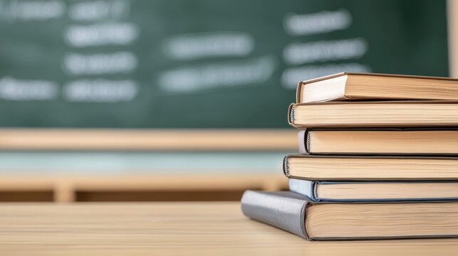 A stack of textbooks and notebooks arranged on a desk in a classroom environment with a chalkboard visible in the background suggesting an academic or educational setting