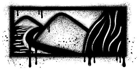 Mountain graffiti with black spray paint. Grunge hill peaks. Distressed brush strokes. Mountain landscape.
